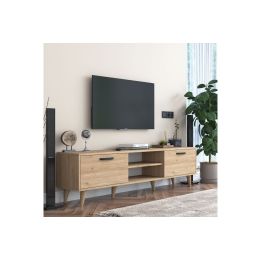 Mueble de TV en Roble con 2 Cajones y Estantes - 180x35x48.5 cm con Patas de Madera.