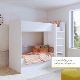 Litera Doble con Escalera - Blanco Veteado y Pino, 198.4 cm (Largo) x 98 cm (Ancho) x 72 cm (Alto)