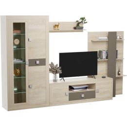 Mueble de Salón Moderno con Leds, Acabado en Cambria y Choco, Medidas: 300 cm (An) x 200 cm (Al) 40 cm (Fon) - Meyvaser