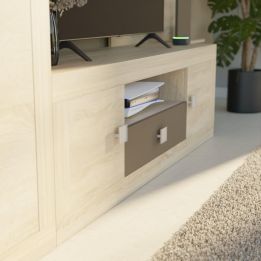 Mueble de Salón Moderno con Leds, Acabado en Cambria y Choco, Medidas: 300 cm (An) x 200 cm (Al) 40 cm (Fon) - Meyvaser