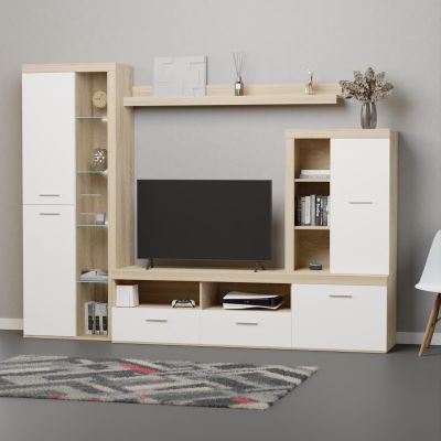 Mueble de Salón Moderno con Leds, Acabado en Cambria, 260x191 cm