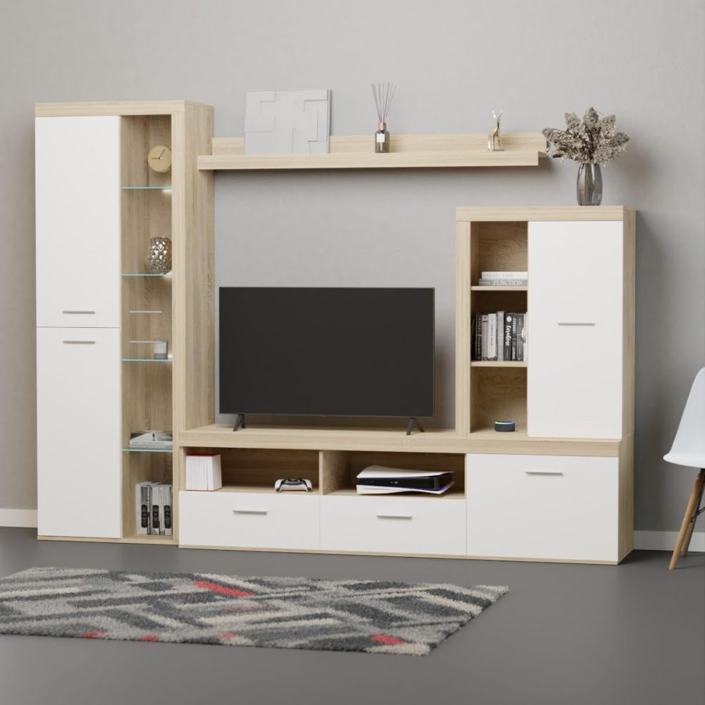 Mueble de Salón Moderno con Leds, Acabado en Cambria, 260x191 cm