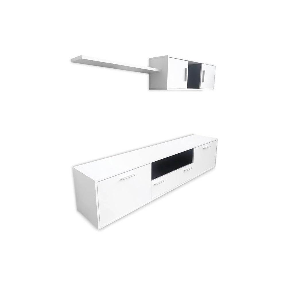 Mueble de salón y TV Composición para salón 200 Cm, blanco gran espacio almacenamiento