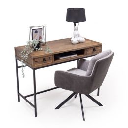 Escritorio Moderno Color Nogal con 2 Cajones y Patas Metálicas Negras – Diseño Elegante y Estable, 112x56x84 cm