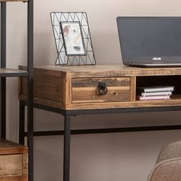 Escritorio Moderno Color Nogal con 2 Cajones y Patas Metálicas Negras – Diseño Elegante y Estable, 112x56x84 cm