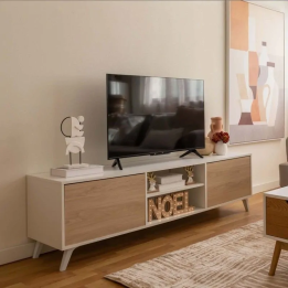 Mueble de TV de Diseño Nórdico + Modulo Alto,2 Estantes y 2 Puertas,Cambrian-Blanco, 49cm(Al) x 180cm (An) x 40cm (Fon)
