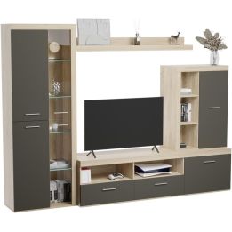 Mueble de Salón Moderno con Leds, Acabado en Cambria - Grafito, Medidas: 260 cm (Ancho) x 191 cm (Alto) 47,5 cm (Fondo)