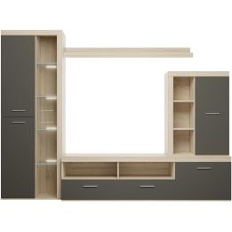 Mueble de Salón Moderno con Leds, Acabado en Cambria - Grafito, Medidas: 260 cm (Ancho) x 191 cm (Alto) 47,5 cm (Fondo)