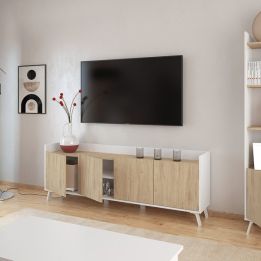 Mueble-Mesa Tv, Salón Comedor 4 Puertas, Armario Auxiliar Color Blanco y Roble, Medidas: 180x63x33,5 Cm