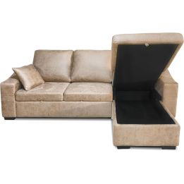 Sofá Cama 3 Plazas Reversible con Chaiselongue y Almacenaje, Tapizado en Tela Piedra, 229x93x153 cm