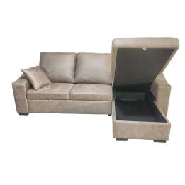 Sofá Cama 3 Plazas Reversible con Chaiselongue y Almacenaje, Tapizado en Tela Cemento, 229x93x153 cm