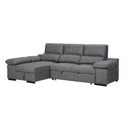 Sofá con Chaiselongue Reversible Color Cemento, Asientos Extensibles y Arcón, 291x160x104 cm, Tapizado en Tela