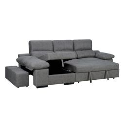 Sofá con Chaiselongue Reversible Color Cemento, Asientos Extensibles y Arcón, 291x160x104 cm, Tapizado en Tela