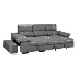 Sofá con Chaiselongue Reversible Color Cemento, Asientos Extensibles y Arcón, 291x160x104 cm, Tapizado en Tela