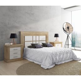 Pack de Dormitorio con Cabecero de 160 x 120 cm + 2 Mesitas de Noche + Cómoda | Color Cambria y Blanco