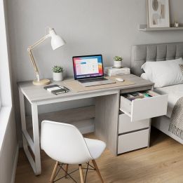 Escritorio Oficina 120 cm con 3 Cajones, Mesa de Ordenador Moderna, Tablero MDF y Melamina, Gris/Blanco, 120x48x74 cm